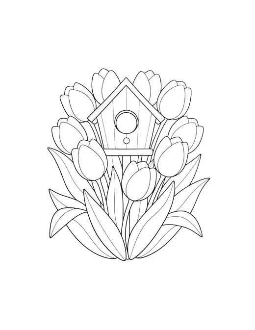 Page 2: A charming wooden birdhouse surrounded by thick oversized tulip stems.