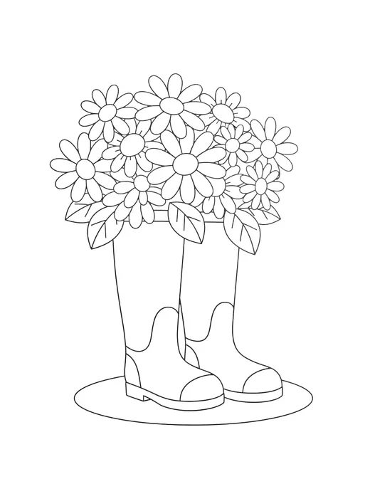 Page 4: A pair of tall rubber boots filled with overflowing colorful daisies.