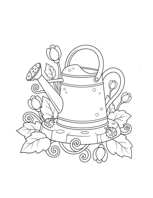 Page 5: A vintage metal watering can resting on a flat garden stone.