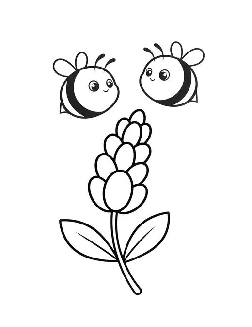 Page 6: Two plump bumblebees hovering near a giant simple lavender sprig.