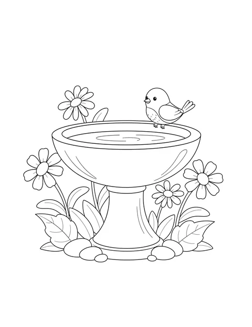 Page 7: A round bird bath centerpiece with a small bird perched atop.