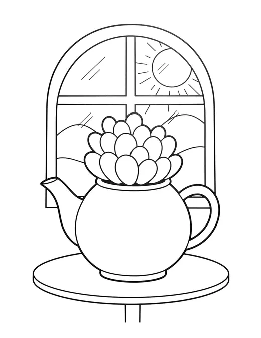 Page 9: A solitary teapot repurposed as a planter for small round succulents.