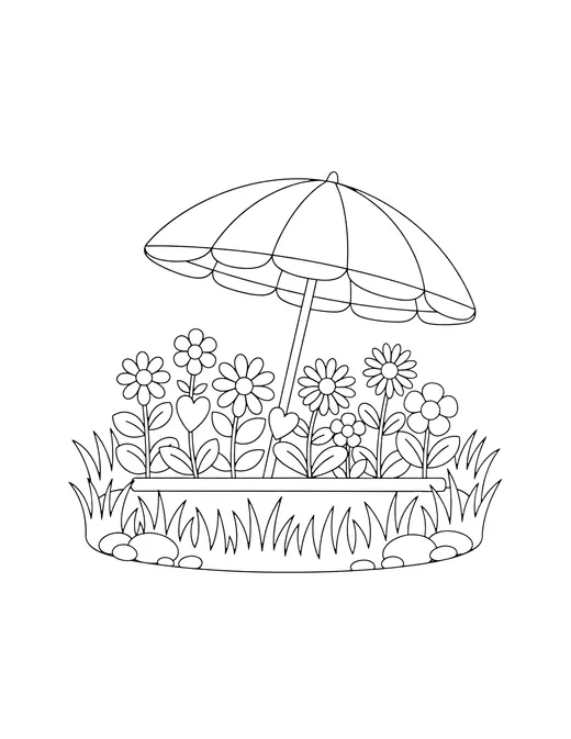 Page 10: A striped garden umbrella providing shade over a flat flower bed.